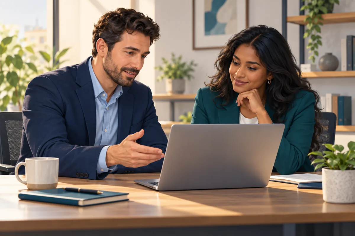 Illustration of two professionals discussing business technology at a laptop