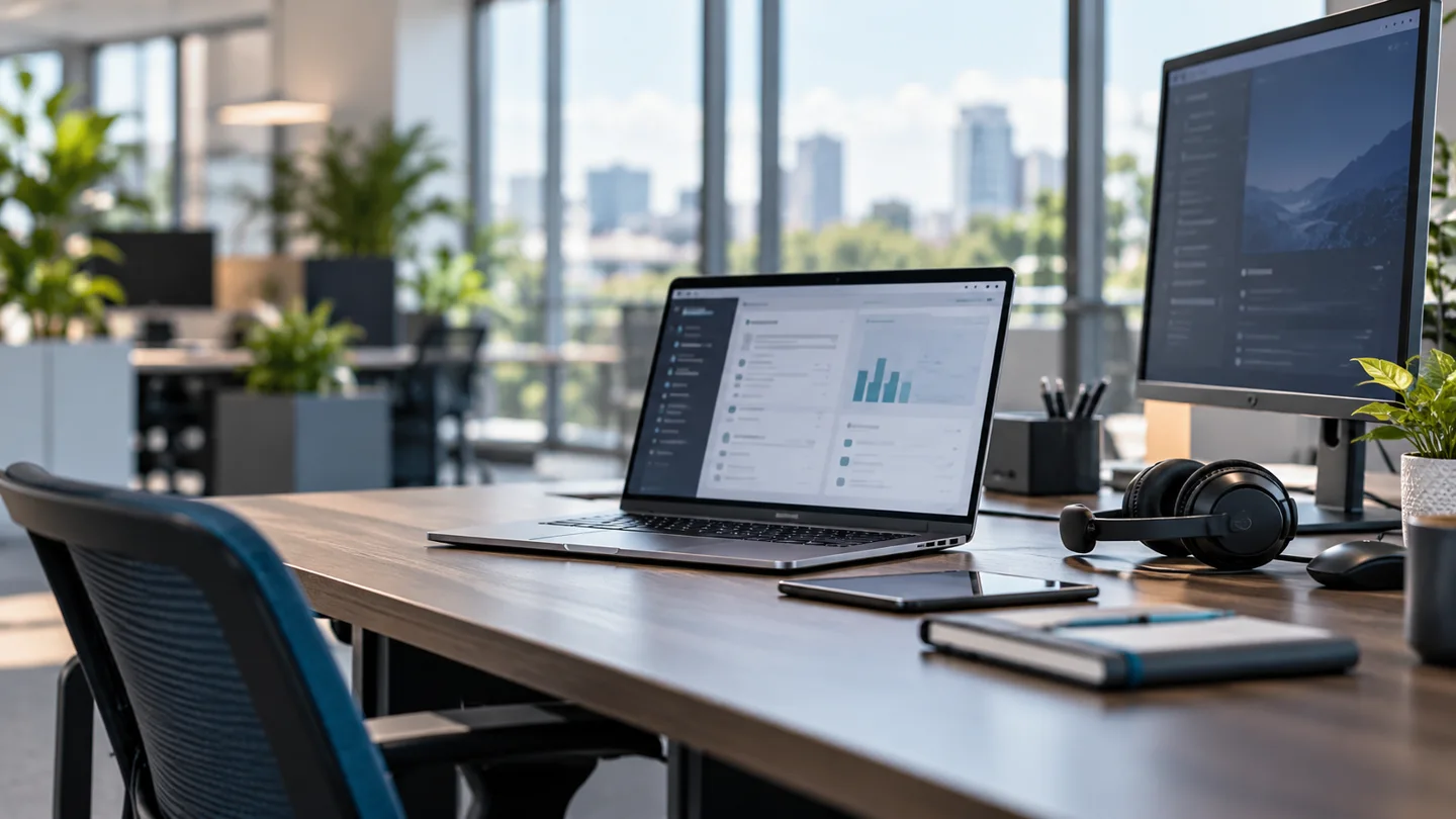 Illustration of a business workstation with laptop, monitor and support headset