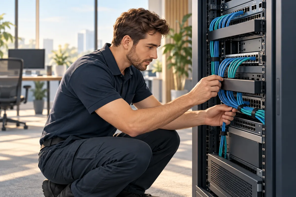 Illustration of a technician inspecting organised business network cabling