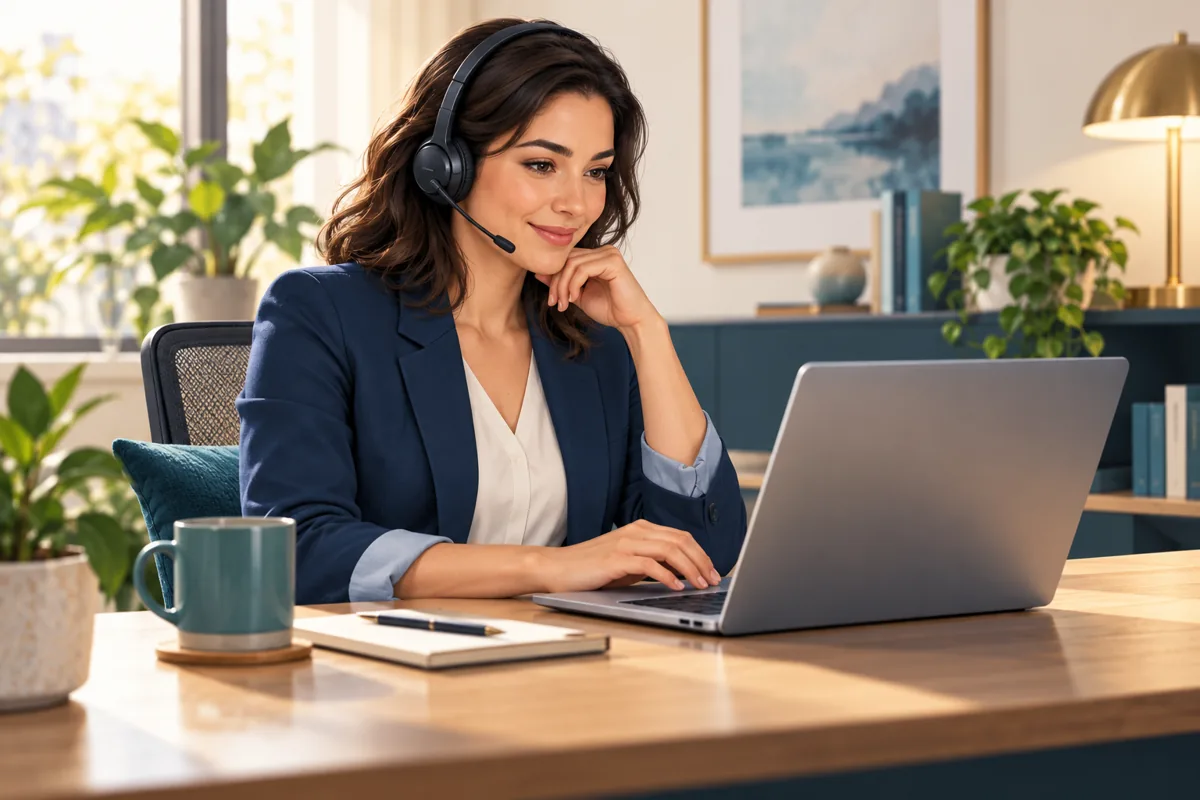 Illustration of a professional using a laptop and headset for remote IT support